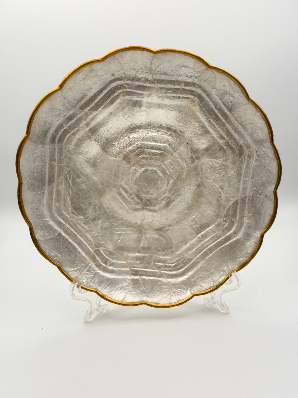 Vintage Capiz Shell Bowl Gold Scalloped Edge Iridescent MCM Decor 7.5" Trinket